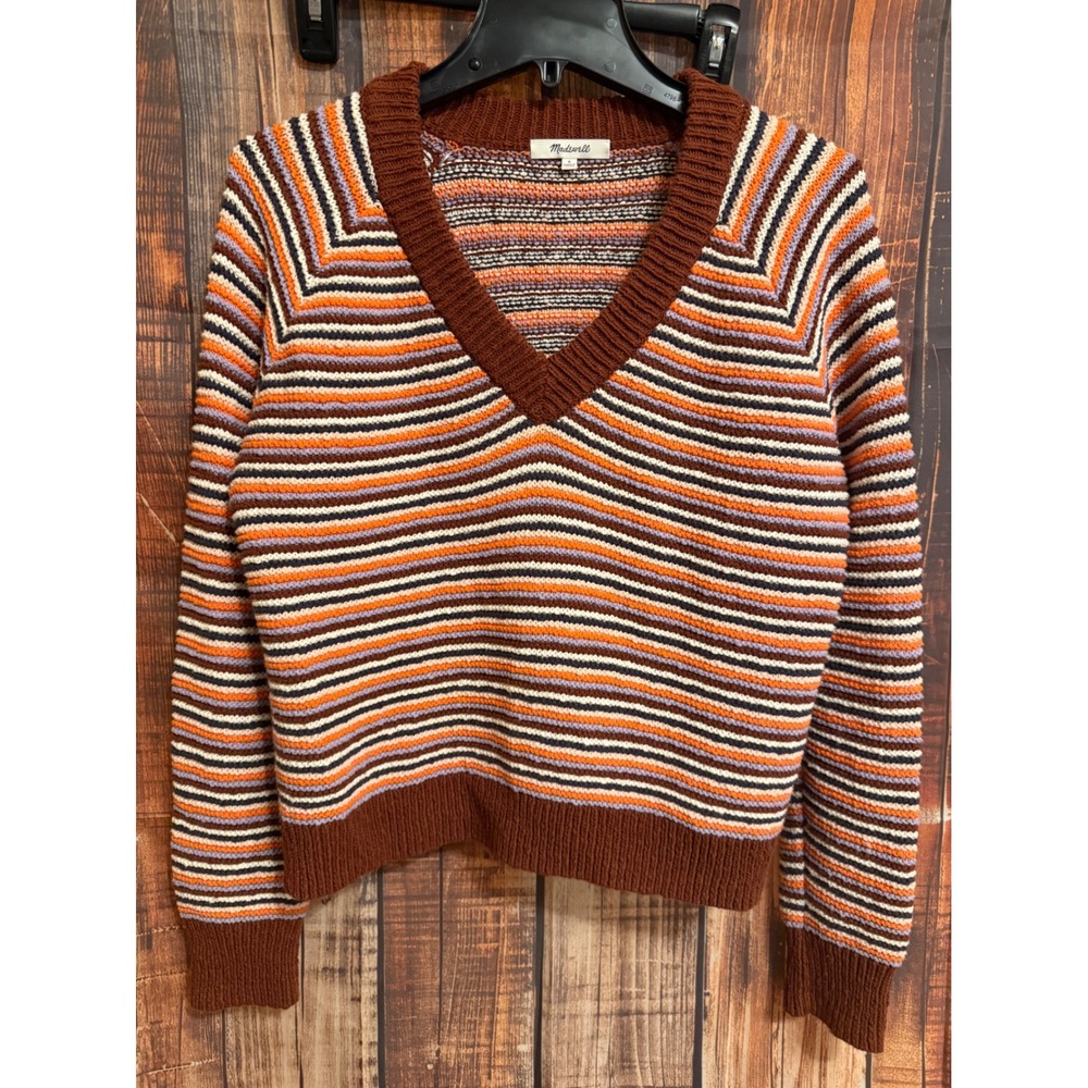 Madewell Women Brown Orange Striped Cotton V-Neck Pullover Sweater Small